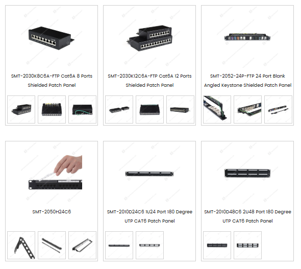 Patch panel and faceplate product examples including shielded Cat6A patch panels and blank keystone patch panels